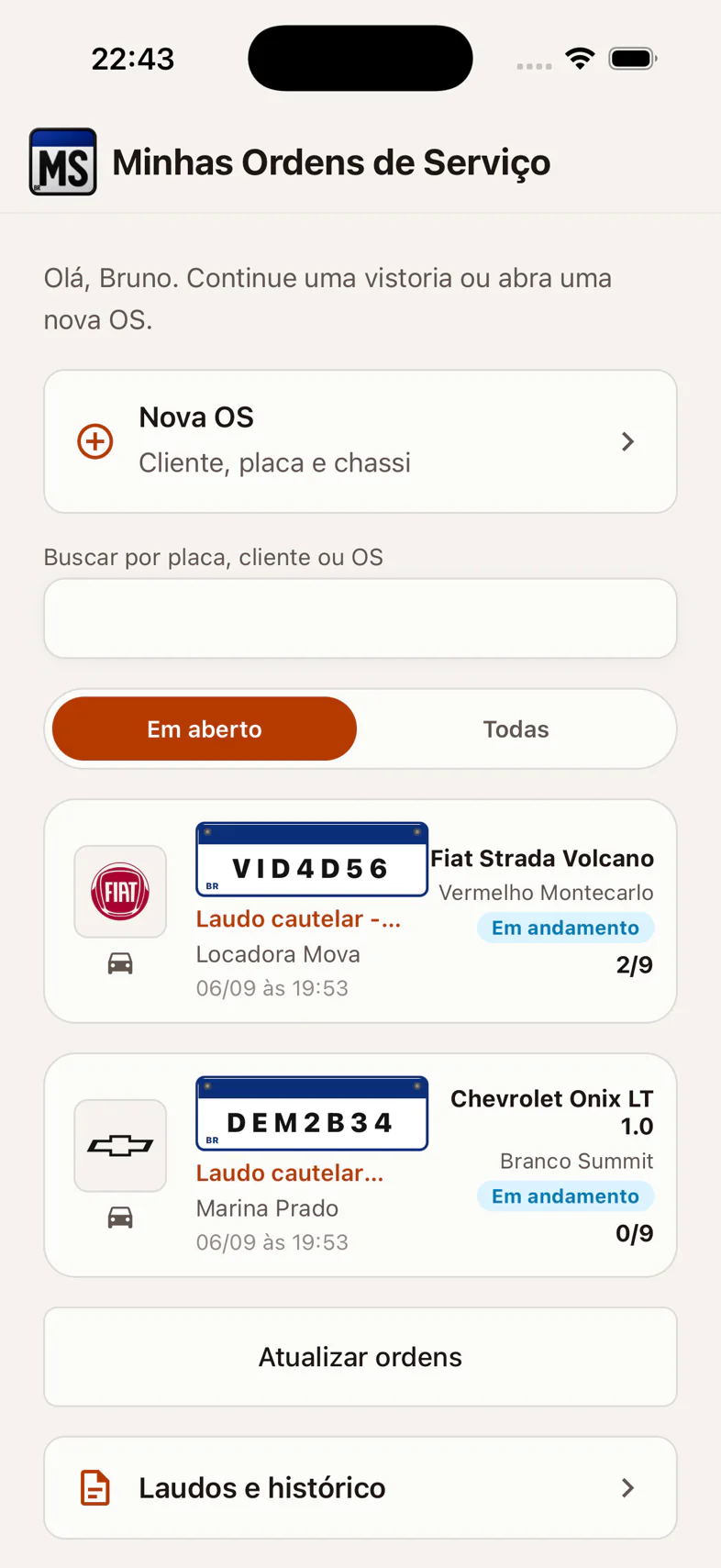 MotorScan: ordens de serviço com veículo, cliente, andamento e acesso a laudos e histórico.